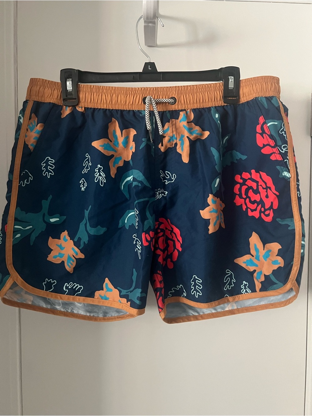 Men's Floral Navy Swim Trunks with Orange Trim